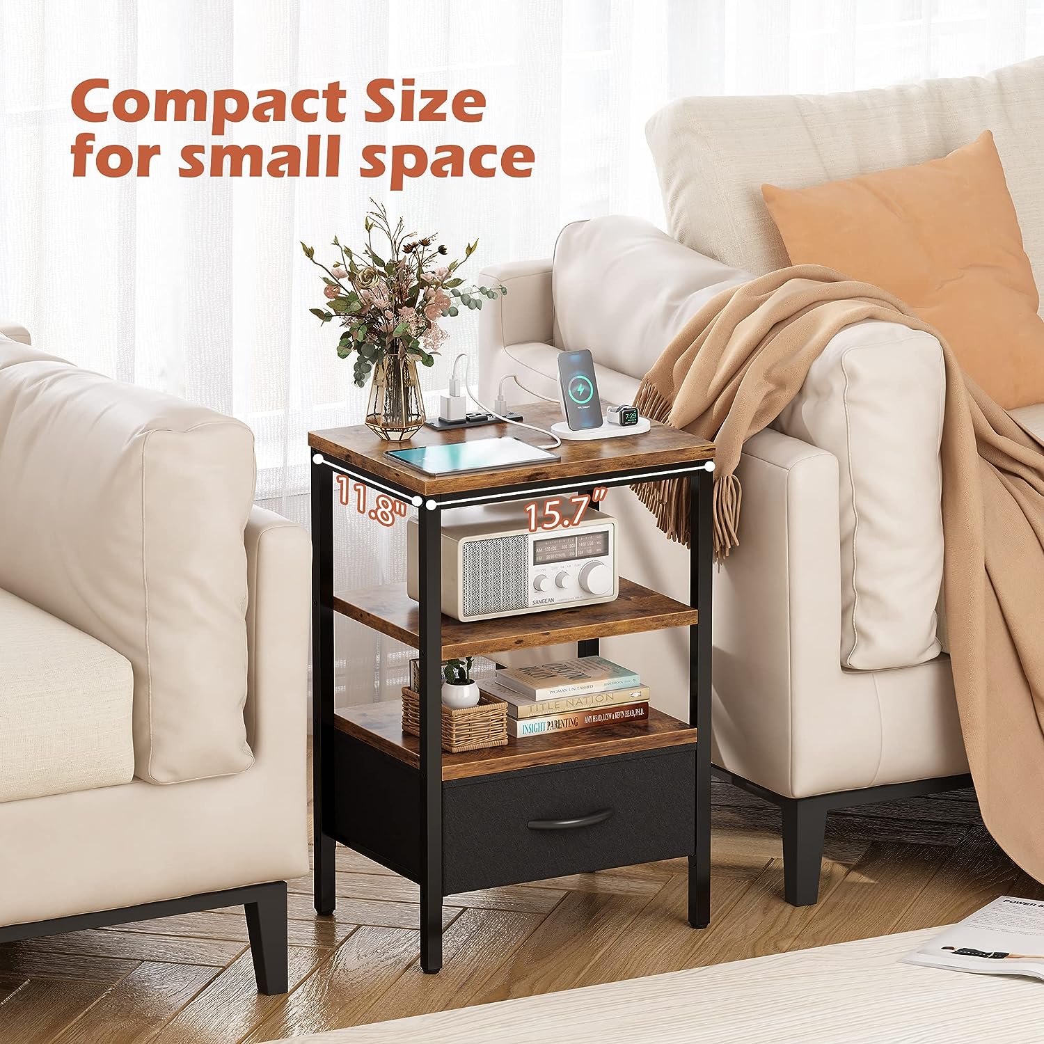 3 Tier Bed Side Table with Drawer - Image 2