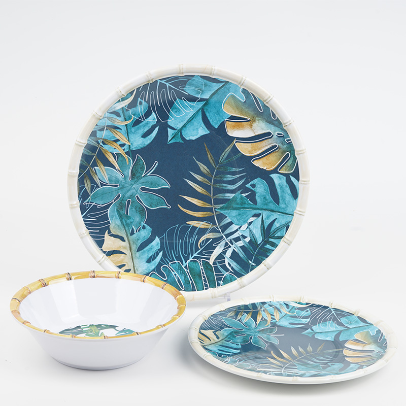 Bamboo Melamine Dinnerware Set,Outdoor Dish Set with Bamboo Edge