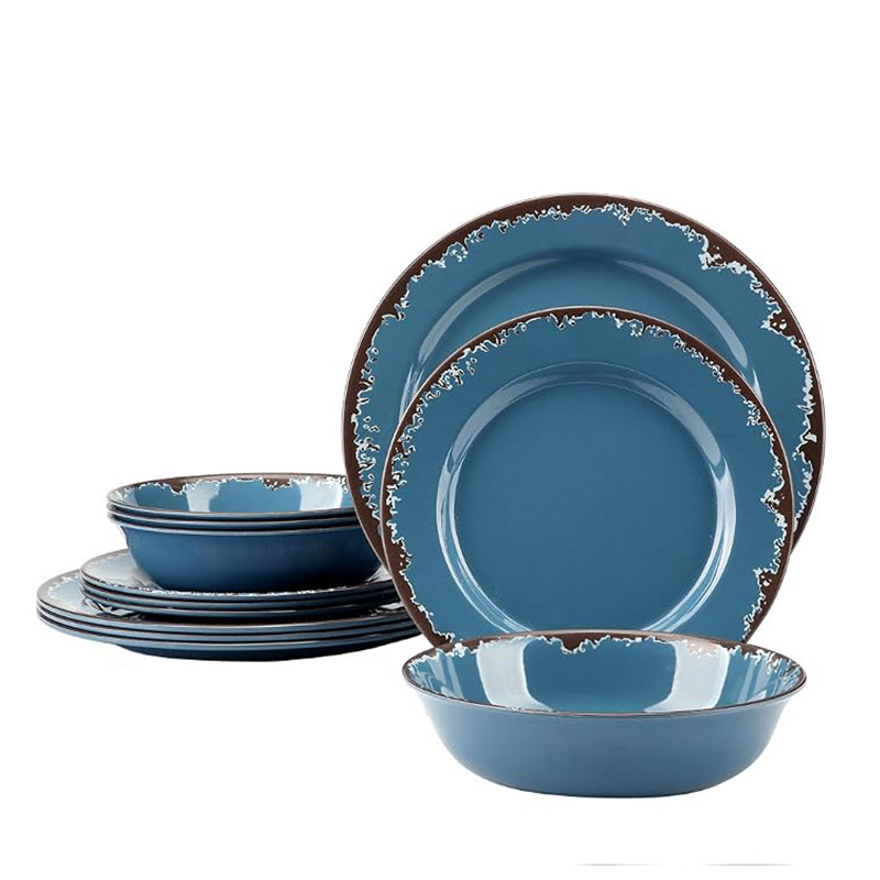 12-piece Melamine Dinnerware Set Service for 4 Unbreakable & Lightweight Round Plates and Bowls Set