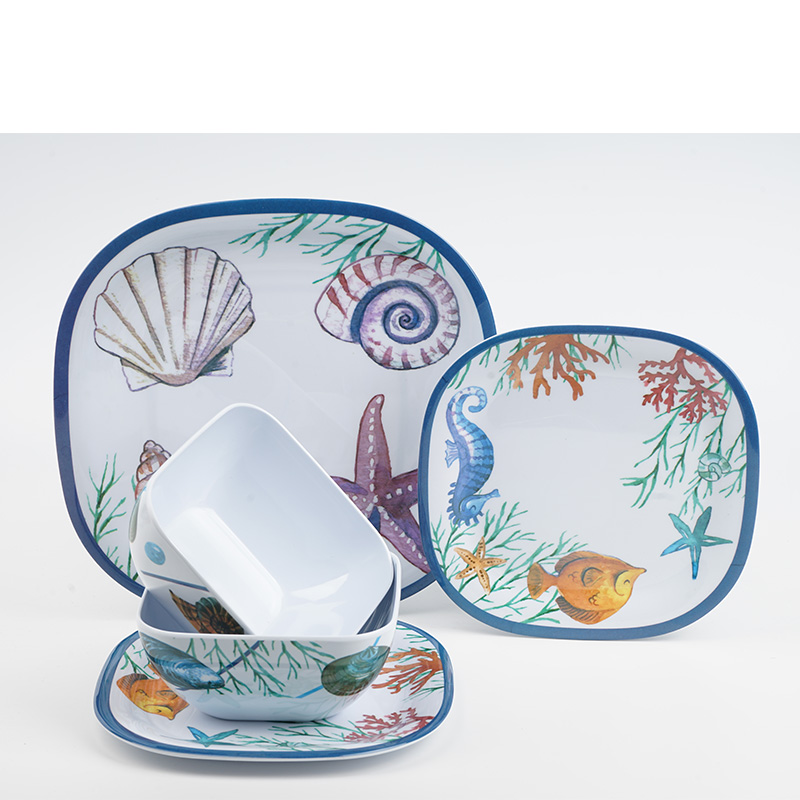 12-Piece Coastal Melamine Dinnerware Set, Service for 4,Square Set