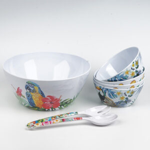 Melamine Outdoor Dinnerware Set with Serving Utensils - Large Salad Bowl Set of 7